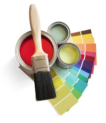 Brush, paint and swatches on white background